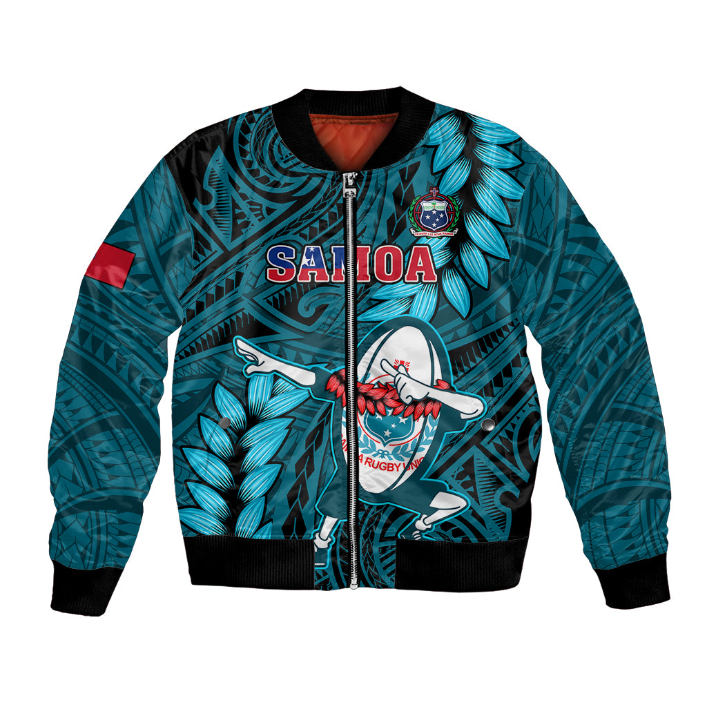 Turquoise rugby bomber jacket with front zip and large Samoa dabbing mascot graphic