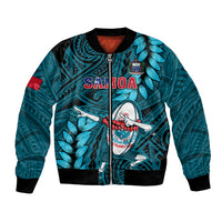 Turquoise rugby bomber jacket with front zip and large Samoa dabbing mascot graphic
