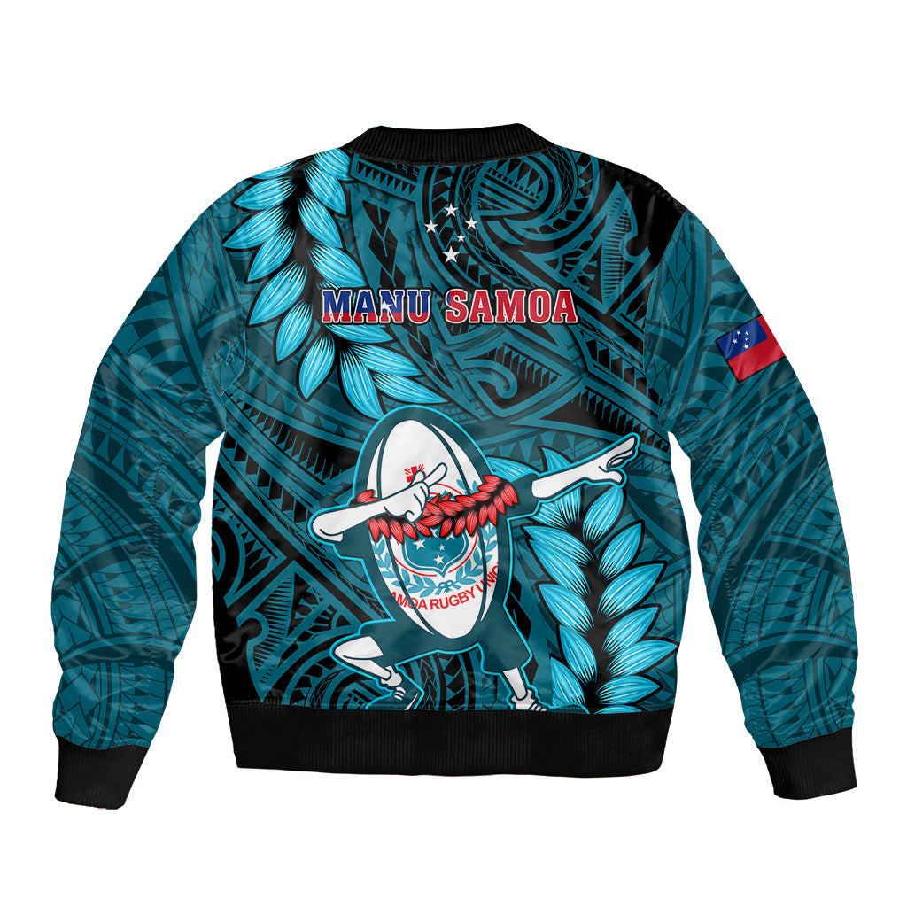Turquoise rugby bomber jacket with MANU SAMOA lettering and leaf-pattern mascot graphic