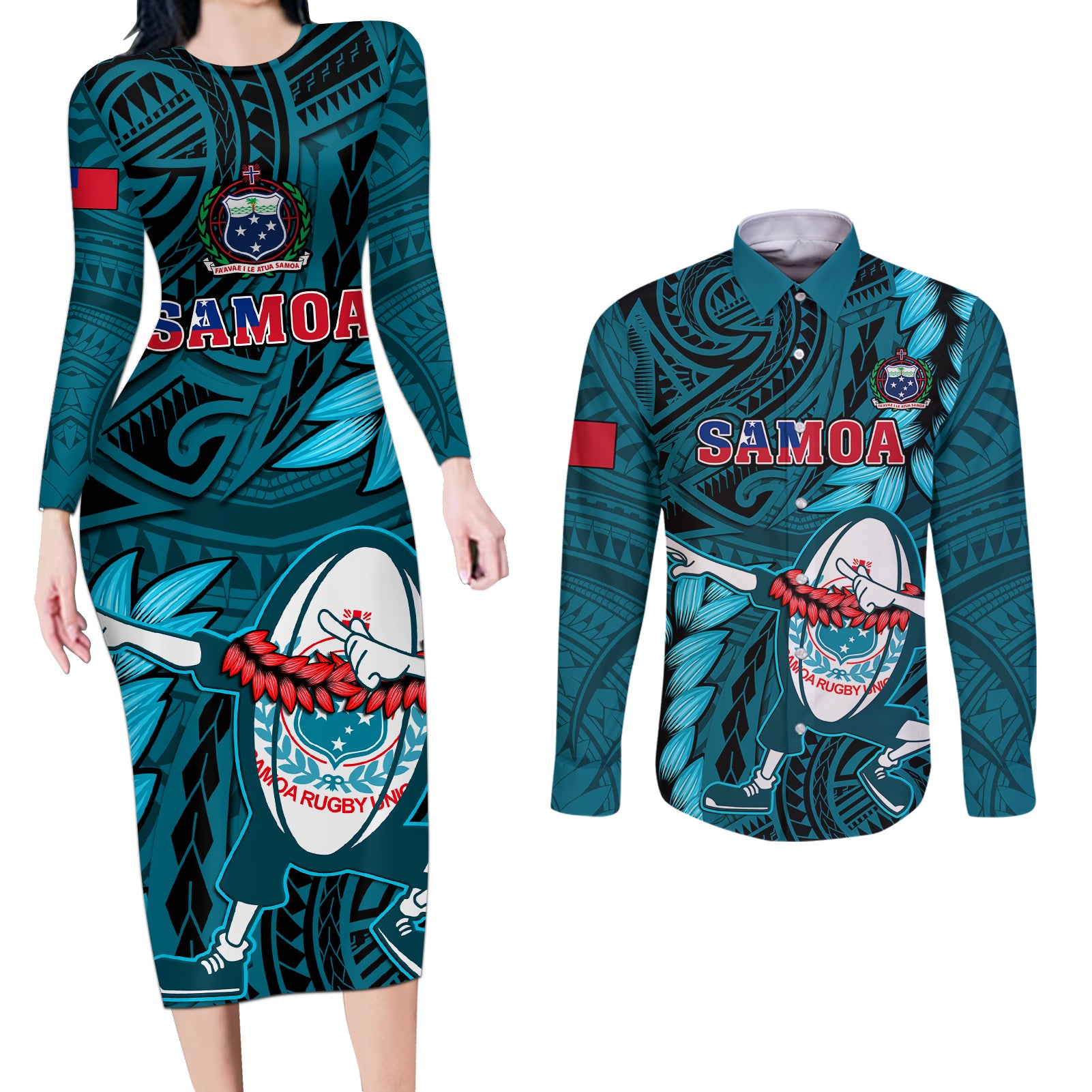 Samoa Rugby Couples Matching Long Sleeve Bodycon Dress and Long Sleeve Button Shirts Manu Samoa Ula Fala Dabbing Ball Polynesian Turquoise Version - Wonder Print Shop