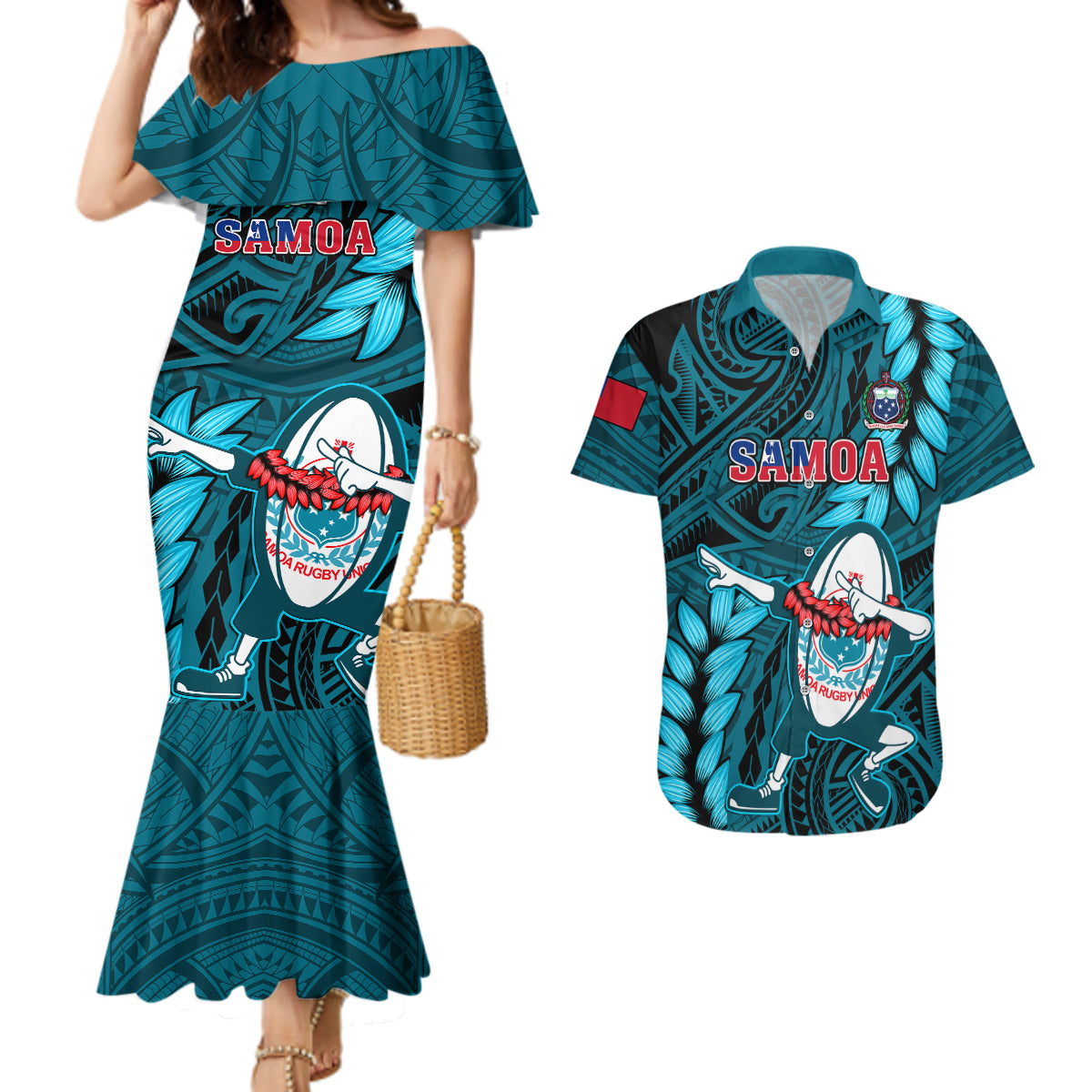 Samoa Rugby Couples Matching Mermaid Dress and Hawaiian Shirt Manu Samoa Ula Fala Dabbing Ball Polynesian Turquoise Version - Wonder Print Shop