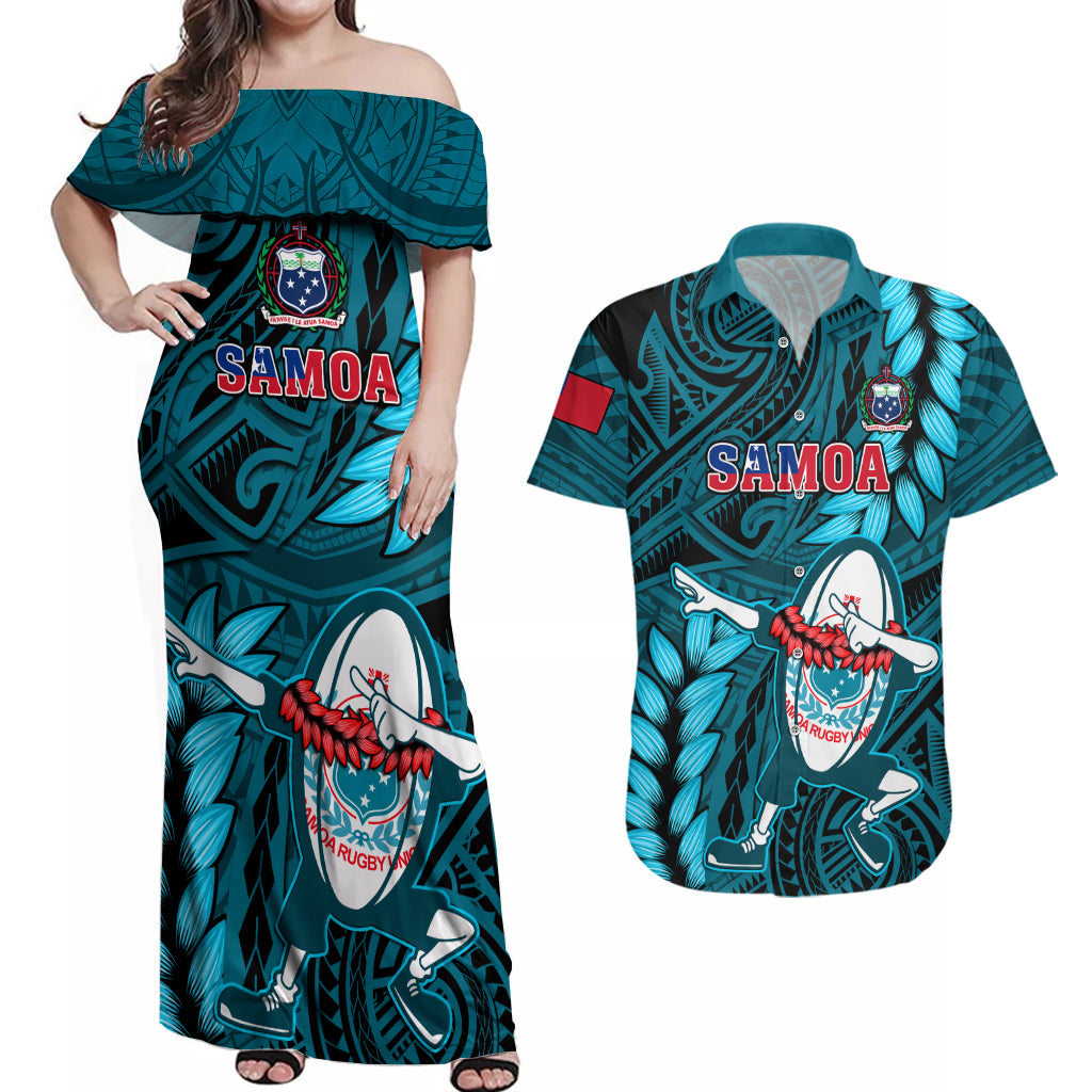 Samoa Rugby Couples Matching Off Shoulder Maxi Dress and Hawaiian Shirt Manu Samoa Ula Fala Dabbing Ball Polynesian Turquoise Version - Wonder Print Shop