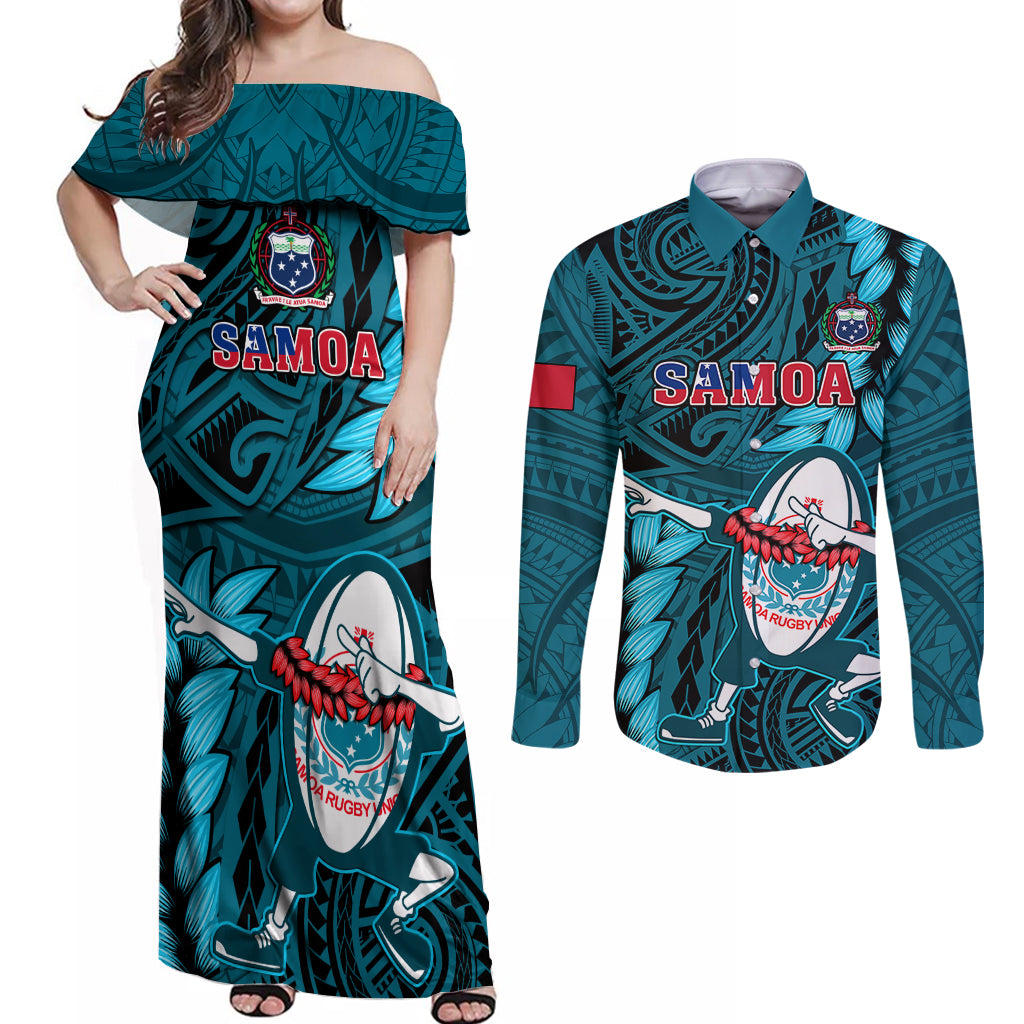 Samoa Rugby Couples Matching Off Shoulder Maxi Dress and Long Sleeve Button Shirts Manu Samoa Ula Fala Dabbing Ball Polynesian Turquoise Version - Wonder Print Shop