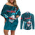 Samoa Rugby Couples Matching Off Shoulder Short Dress and Long Sleeve Button Shirts Manu Samoa Ula Fala Dabbing Ball Polynesian Turquoise Version - Wonder Print Shop