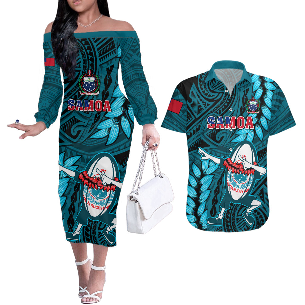 Samoa Rugby Couples Matching Off The Shoulder Long Sleeve Dress and Hawaiian Shirt Manu Samoa Ula Fala Dabbing Ball Polynesian Turquoise Version - Wonder Print Shop