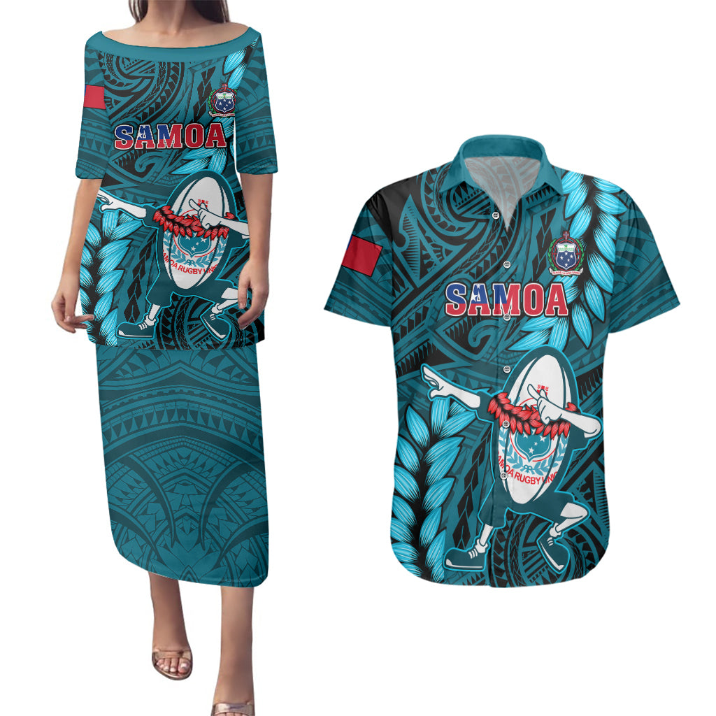 Samoa Rugby Couples Matching Puletasi Dress and Hawaiian Shirt Manu Samoa Ula Fala Dabbing Ball Polynesian Turquoise Version - Wonder Print Shop