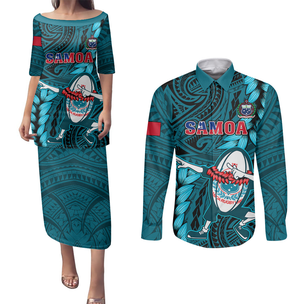 Samoa Rugby Couples Matching Puletasi Dress and Long Sleeve Button Shirts Manu Samoa Ula Fala Dabbing Ball Polynesian Turquoise Version - Wonder Print Shop