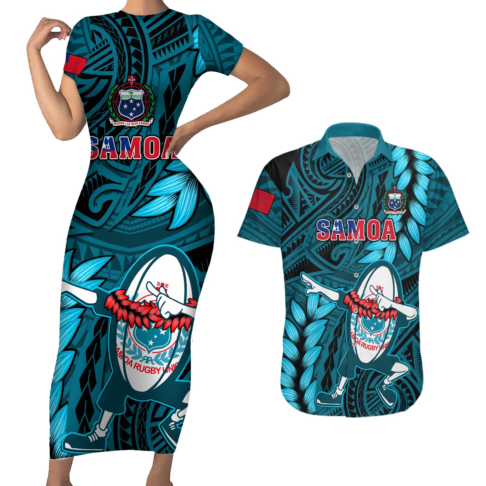 Samoa Rugby Couples Matching Short Sleeve Bodycon Dress and Hawaiian Shirt Manu Samoa Ula Fala Dabbing Ball Polynesian Turquoise Version - Wonder Print Shop