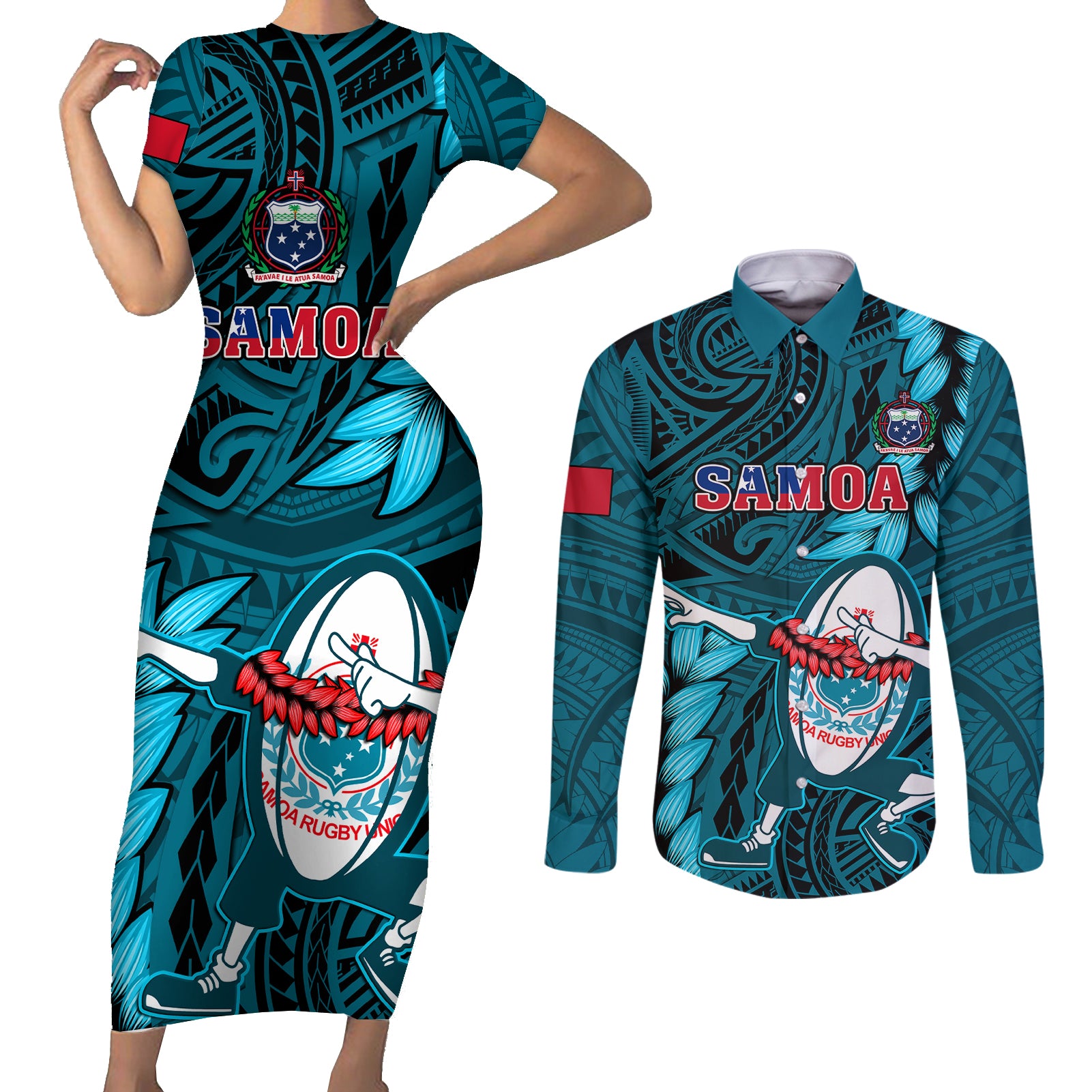 Samoa Rugby Couples Matching Short Sleeve Bodycon Dress and Long Sleeve Button Shirts Manu Samoa Ula Fala Dabbing Ball Polynesian Turquoise Version - Wonder Print Shop