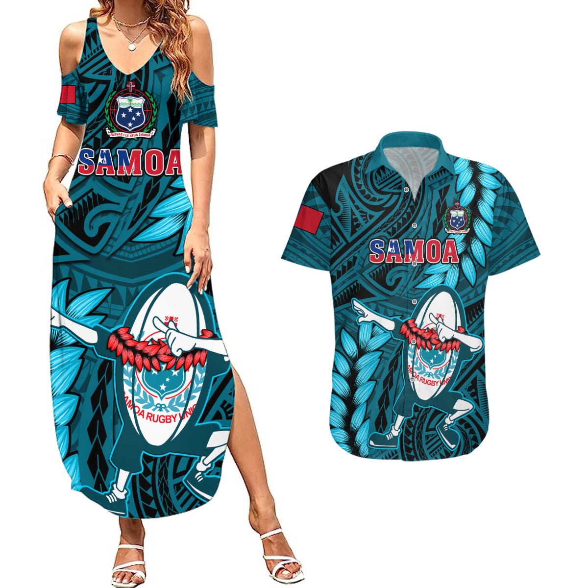 Samoa Rugby Couples Matching Summer Maxi Dress and Hawaiian Shirt Manu Samoa Ula Fala Dabbing Ball Polynesian Turquoise Version - Wonder Print Shop