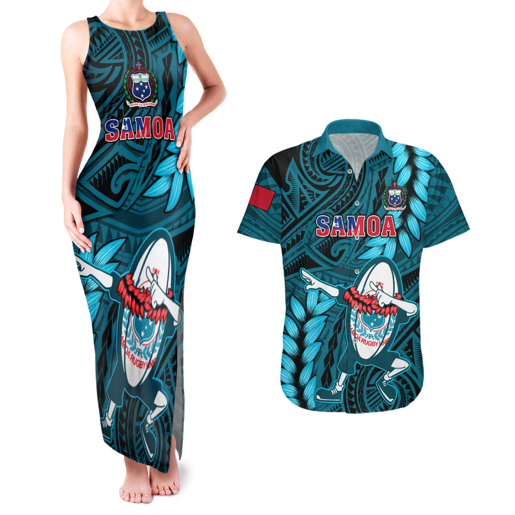 Samoa Rugby Couples Matching Tank Maxi Dress and Hawaiian Shirt Manu Samoa Ula Fala Dabbing Ball Polynesian Turquoise Version - Wonder Print Shop