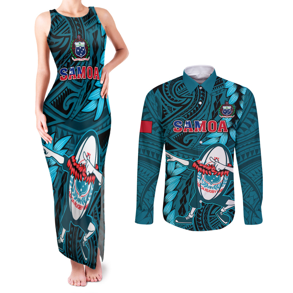 Samoa Rugby Couples Matching Tank Maxi Dress and Long Sleeve Button Shirts Manu Samoa Ula Fala Dabbing Ball Polynesian Turquoise Version - Wonder Print Shop