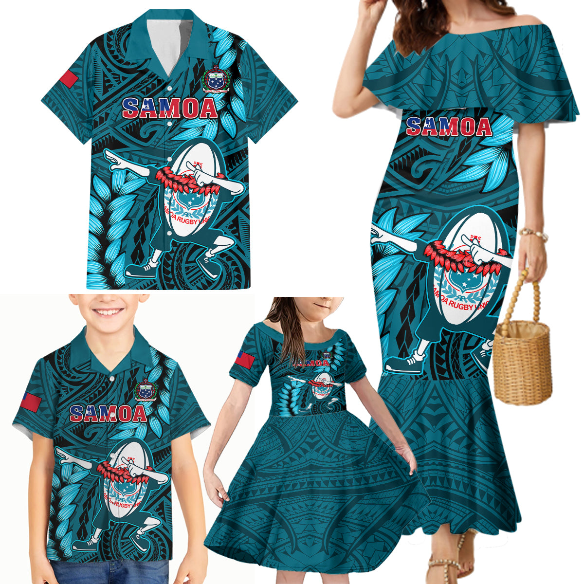 Samoa Rugby Family Matching Mermaid Dress and Hawaiian Shirt Manu Samoa Ula Fala Dabbing Ball Polynesian Turquoise Version - Wonder Print Shop