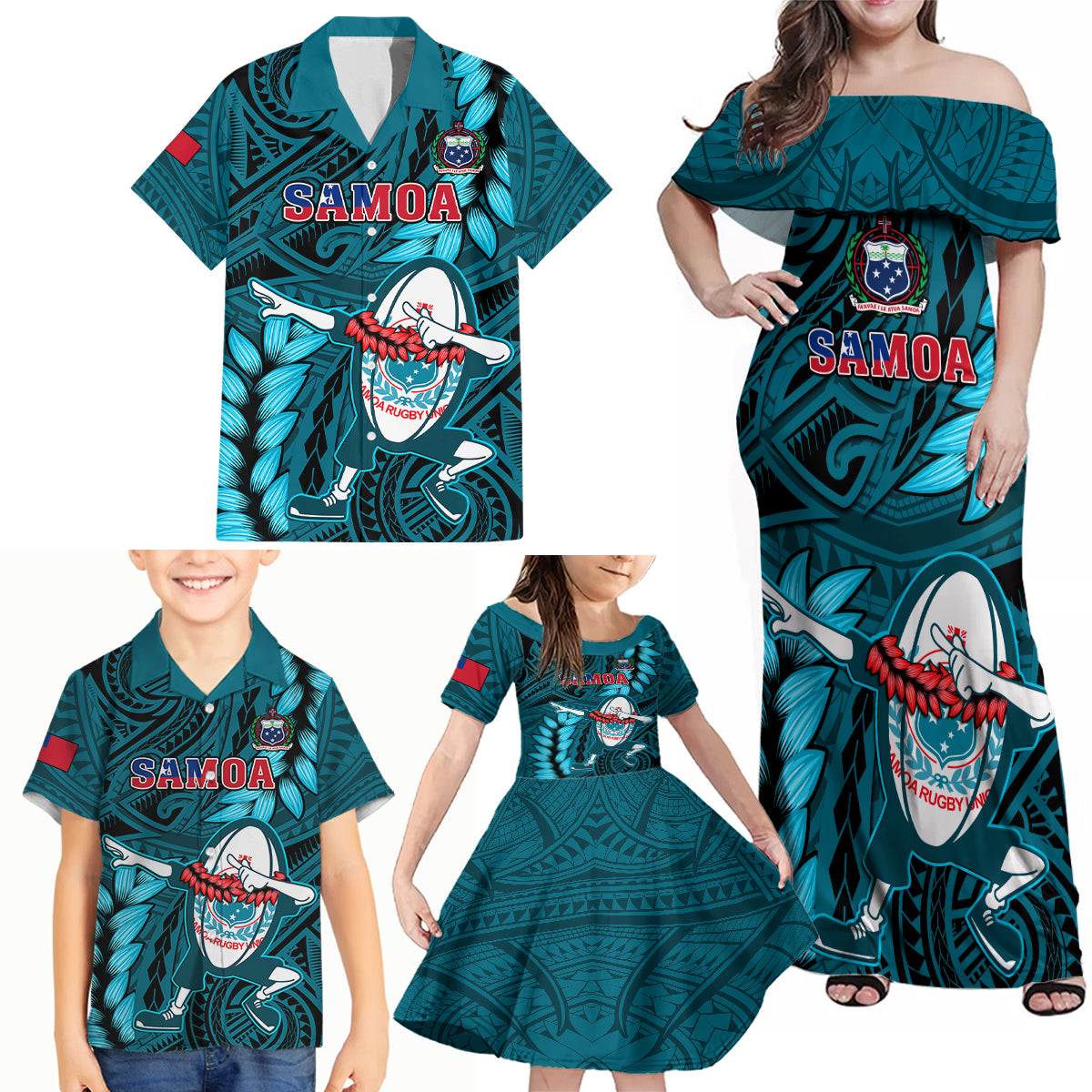 Samoa Rugby Family Matching Off Shoulder Maxi Dress and Hawaiian Shirt Manu Samoa Ula Fala Dabbing Ball Polynesian Turquoise Version - Wonder Print Shop