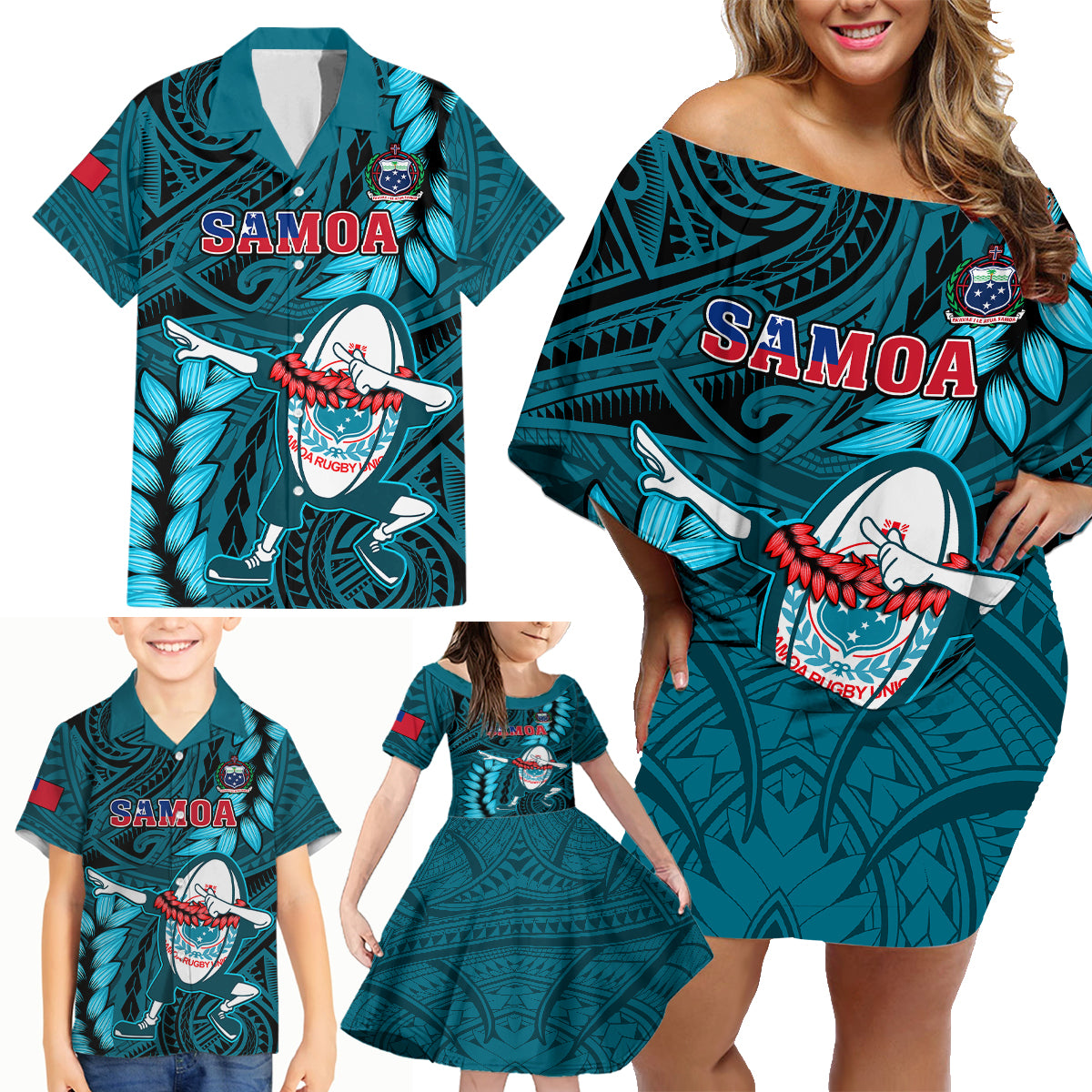 Samoa Rugby Family Matching Off Shoulder Short Dress and Hawaiian Shirt Manu Samoa Ula Fala Dabbing Ball Polynesian Turquoise Version - Wonder Print Shop