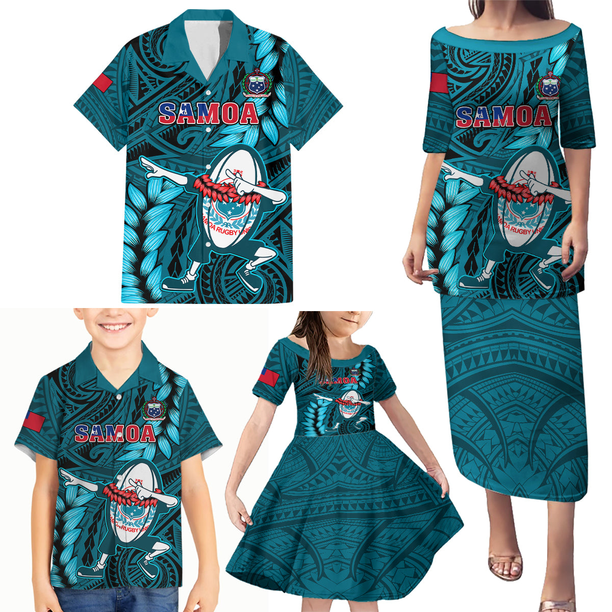 Samoa Rugby Family Matching Puletasi Dress and Hawaiian Shirt Manu Samoa Ula Fala Dabbing Ball Polynesian Turquoise Version - Wonder Print Shop