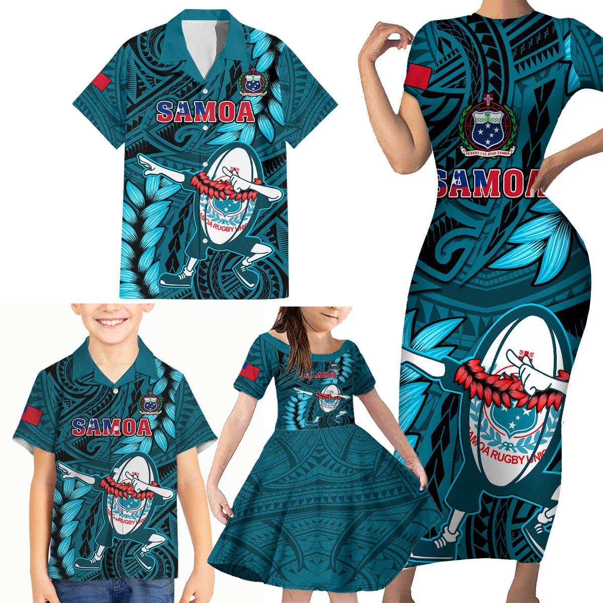 Samoa Rugby Family Matching Short Sleeve Bodycon Dress and Hawaiian Shirt Manu Samoa Ula Fala Dabbing Ball Polynesian Turquoise Version - Wonder Print Shop