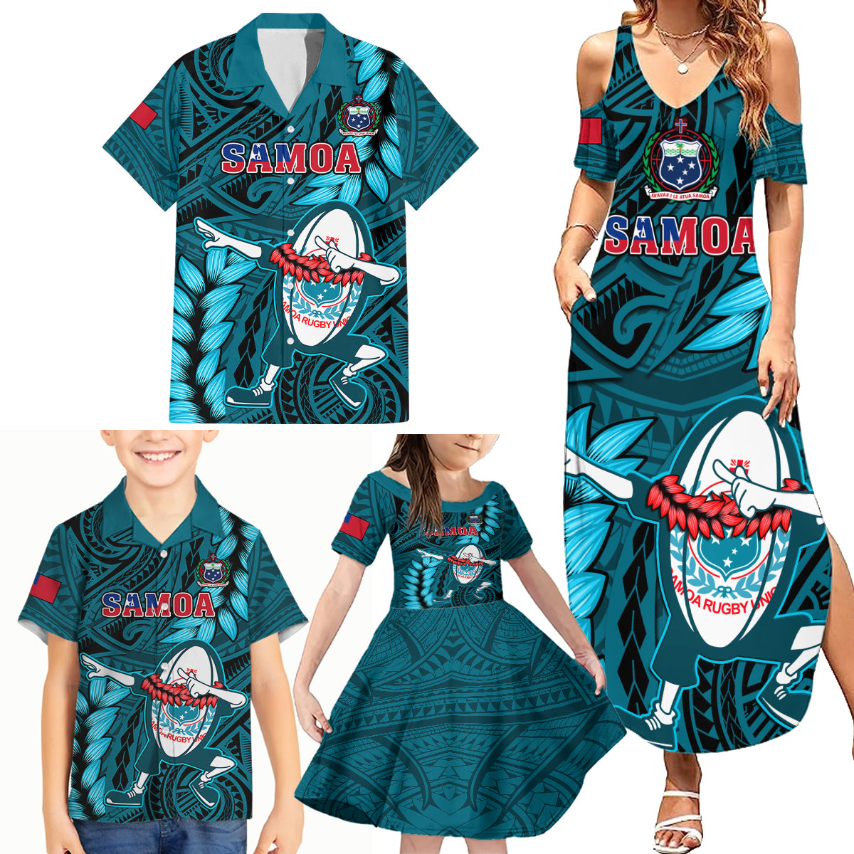 Samoa Rugby Family Matching Summer Maxi Dress and Hawaiian Shirt Manu Samoa Ula Fala Dabbing Ball Polynesian Turquoise Version - Wonder Print Shop