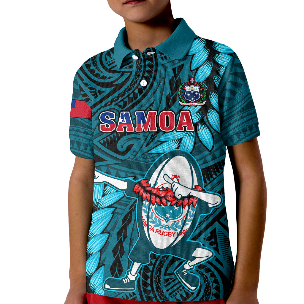 Samoa Rugby Kid Polo Shirt Manu Samoa Ula Fala Dabbing Ball Polynesian Turquoise Version - Wonder Print Shop