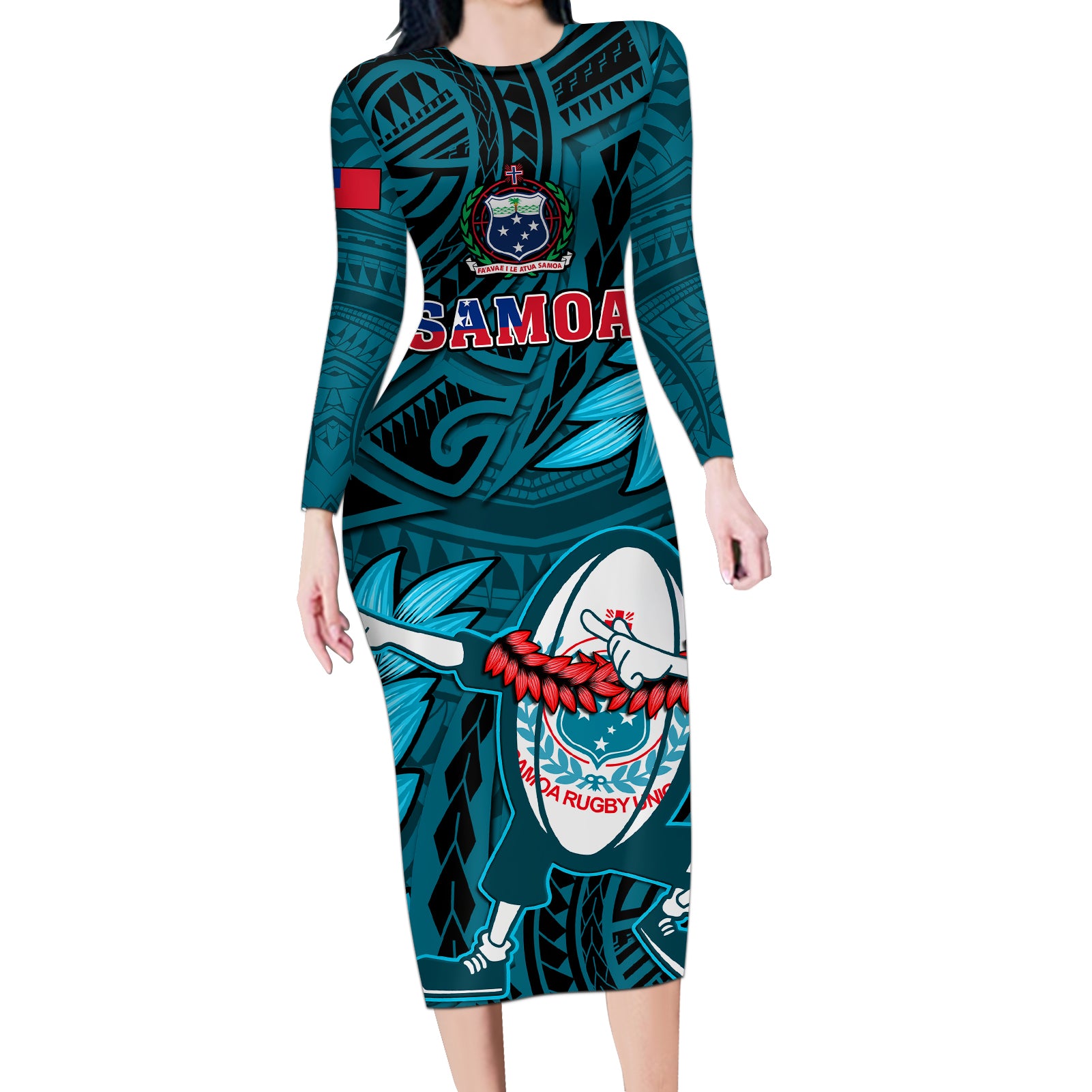 Samoa Rugby Long Sleeve Bodycon Dress Manu Samoa Ula Fala Dabbing Ball Polynesian Turquoise Version - Wonder Print Shop