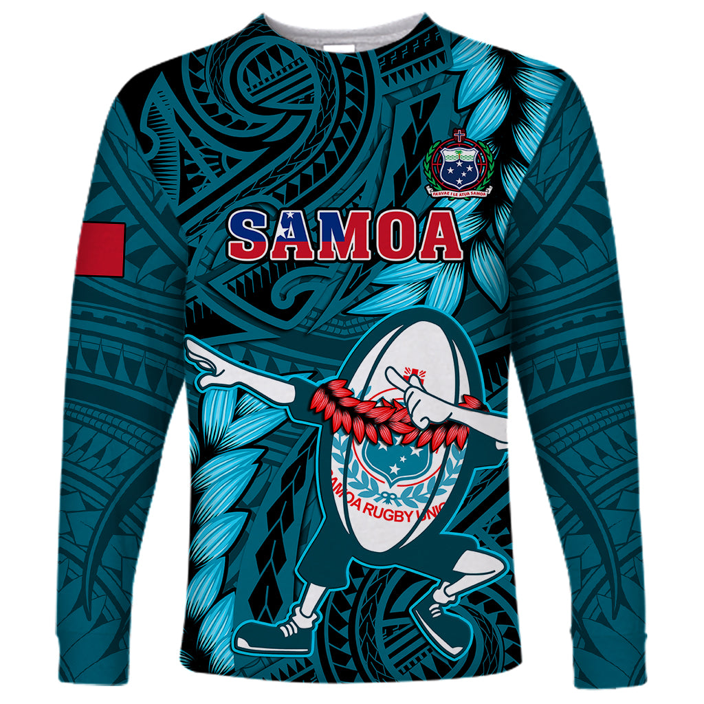Turquoise long-sleeve rugby shirt with Samoa graphic and Polynesian pattern