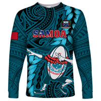 Turquoise long-sleeve rugby shirt with Samoa graphic and Polynesian pattern