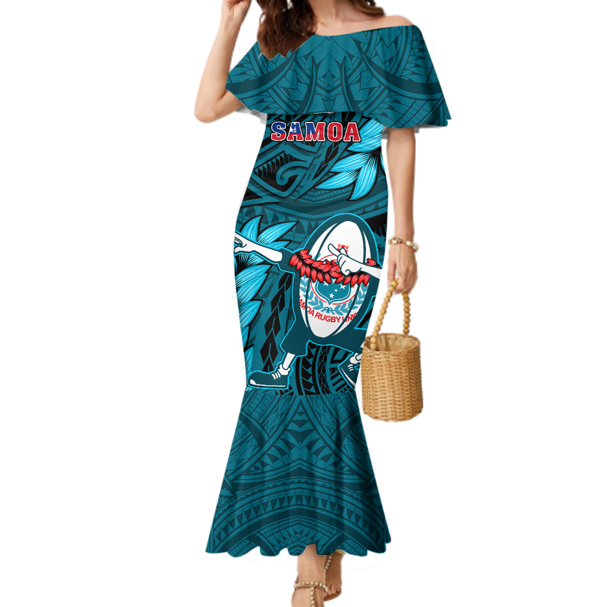 Samoa Rugby Mermaid Dress Manu Samoa Ula Fala Dabbing Ball Polynesian Turquoise Version - Wonder Print Shop