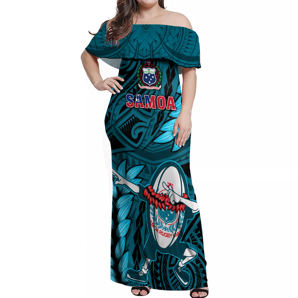 Samoa Rugby Off Shoulder Maxi Dress Manu Samoa Ula Fala Dabbing Ball Polynesian Turquoise Version - Wonder Print Shop