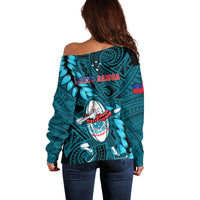 Turquoise off-shoulder sweater, MANU SAMOA print and large rugby emblem on back