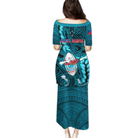 Turquoise Polynesian long dress with MANU SAMOA back print and winged motifs
