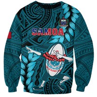 Turquoise rugby sweatshirt with Samoa text, dabbing Polynesian character, floral patterns