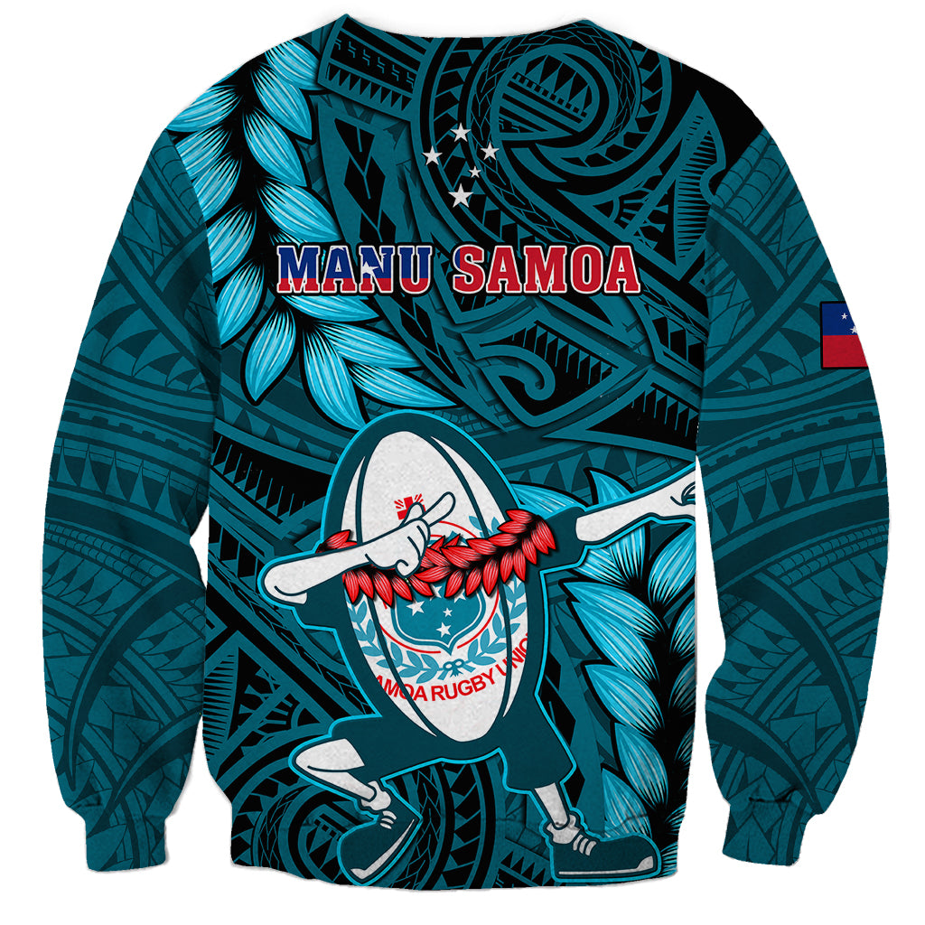 Turquoise rugby sweatshirt with Manu Samoa text, dabbing player graphic, leaf patterns