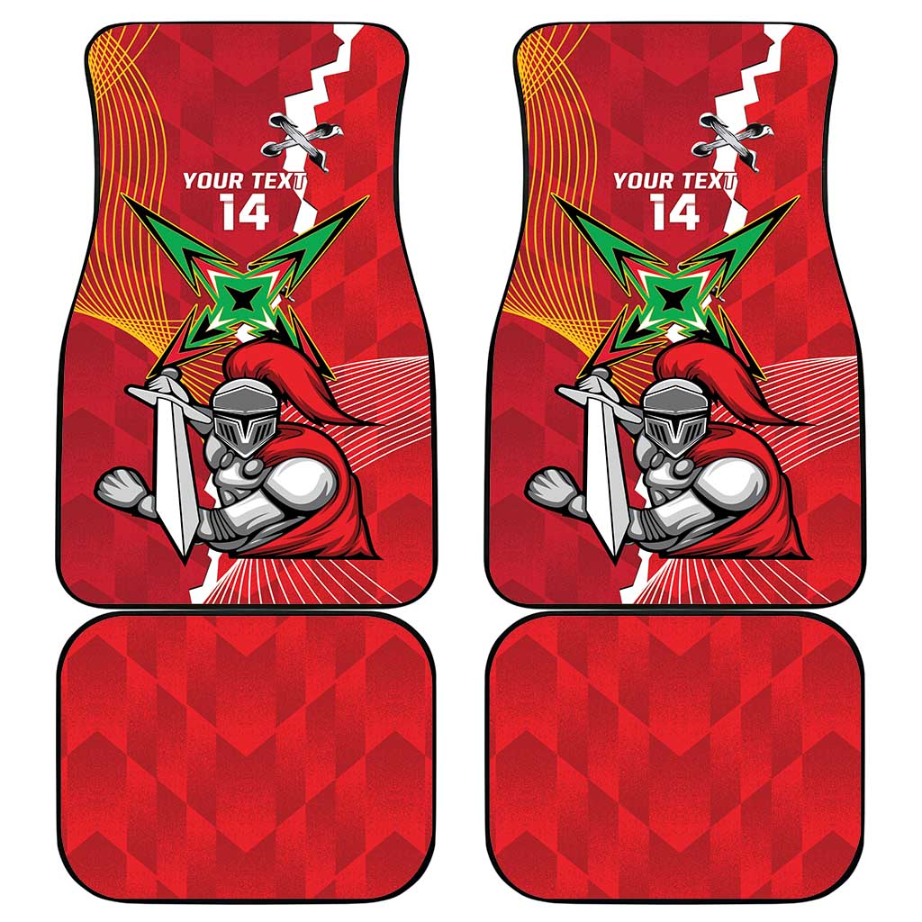 Four red custom car mats with cricket player graphic and heart-shaped border