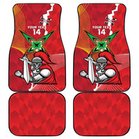 Four red custom car mats with cricket player graphic and heart-shaped border