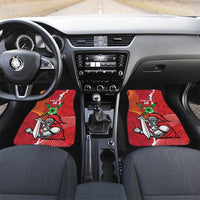 Red custom car floor mats with cartoon cricket player graphic for front seats