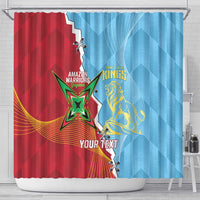 Red and blue shower curtain with lion graphic, star logo, and "YOUR TEXT"