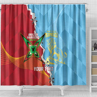 Red and blue cricket shower curtain with two crests and "YOUR TEXT" label