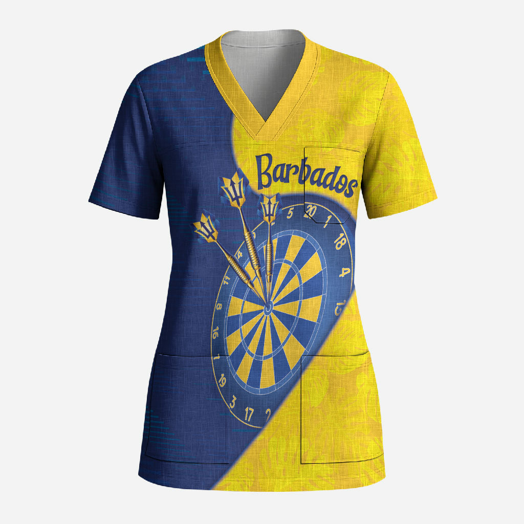 Personalized Darts Festival Barbados Scrub Top Dartboard Flag Color Tropical Leaves