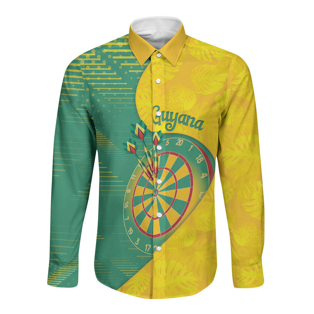 Personalized Darts Guyana Long Sleeve Button Shirt Dartboard Flag Color Tropical Leaves