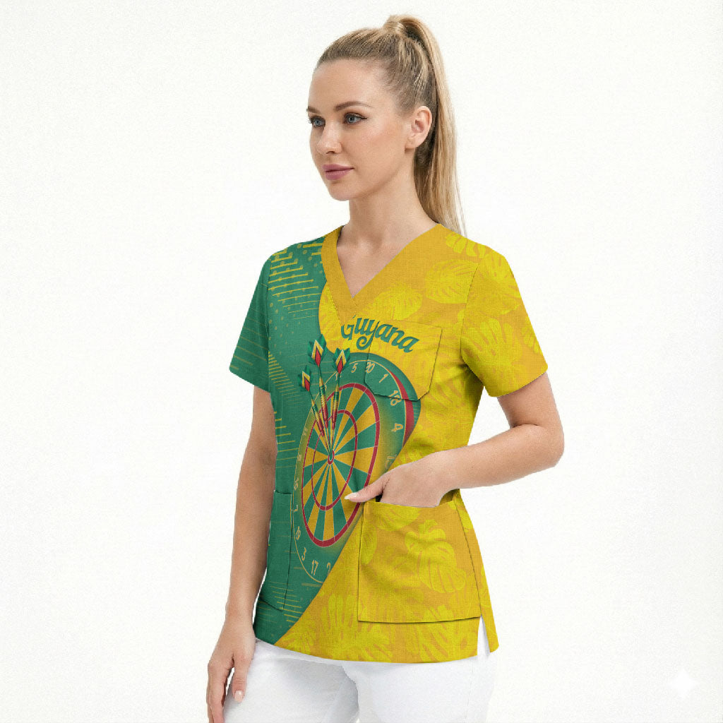 Personalized Darts Guyana Scrub Top Dartboard Flag Color Tropical Leaves