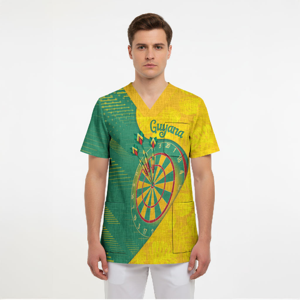 Personalized Darts Guyana Scrub Top Dartboard Flag Color Tropical Leaves