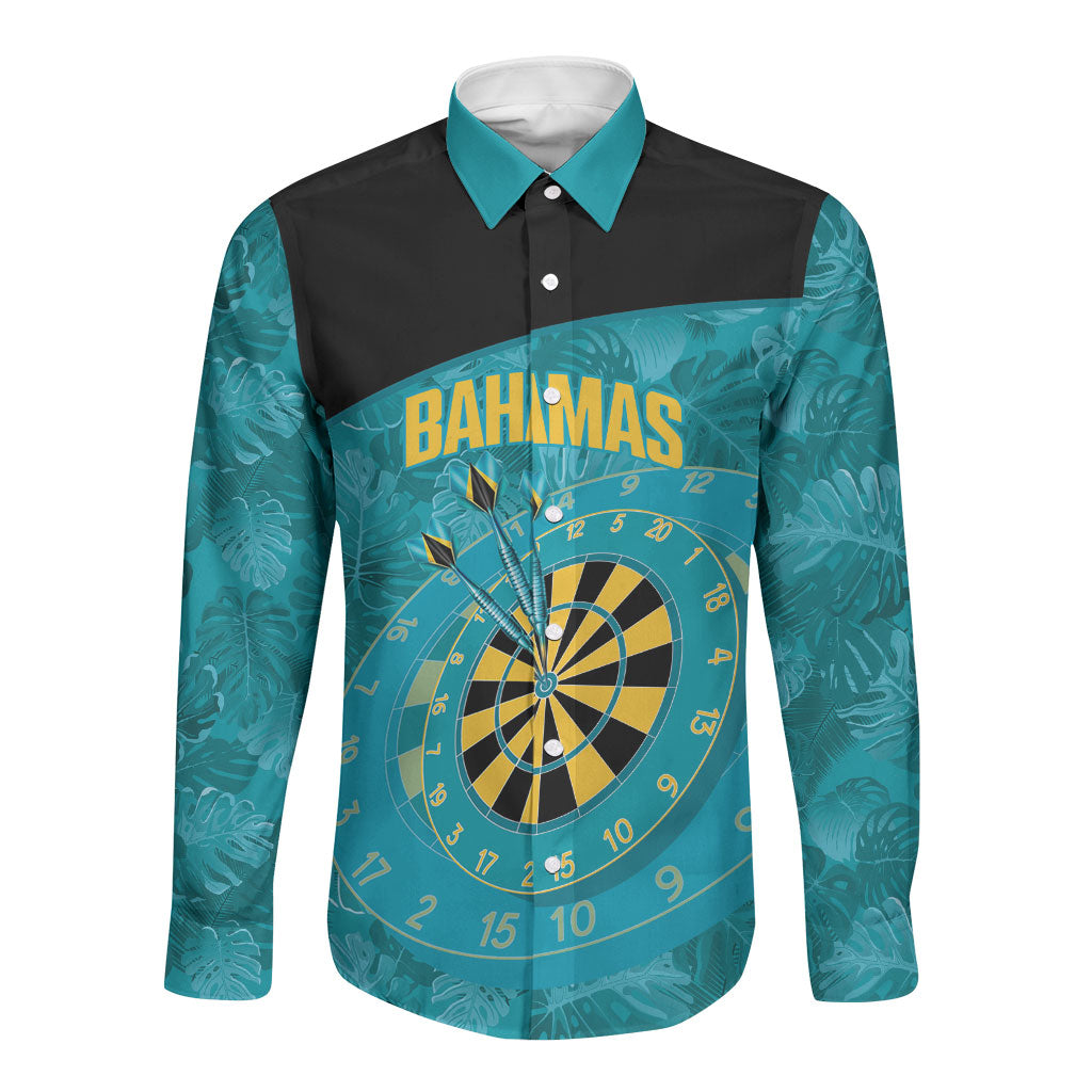 Personalized Darts Bahamas Long Sleeve Button Shirt Dartboard Flag Color Tropical Leaves