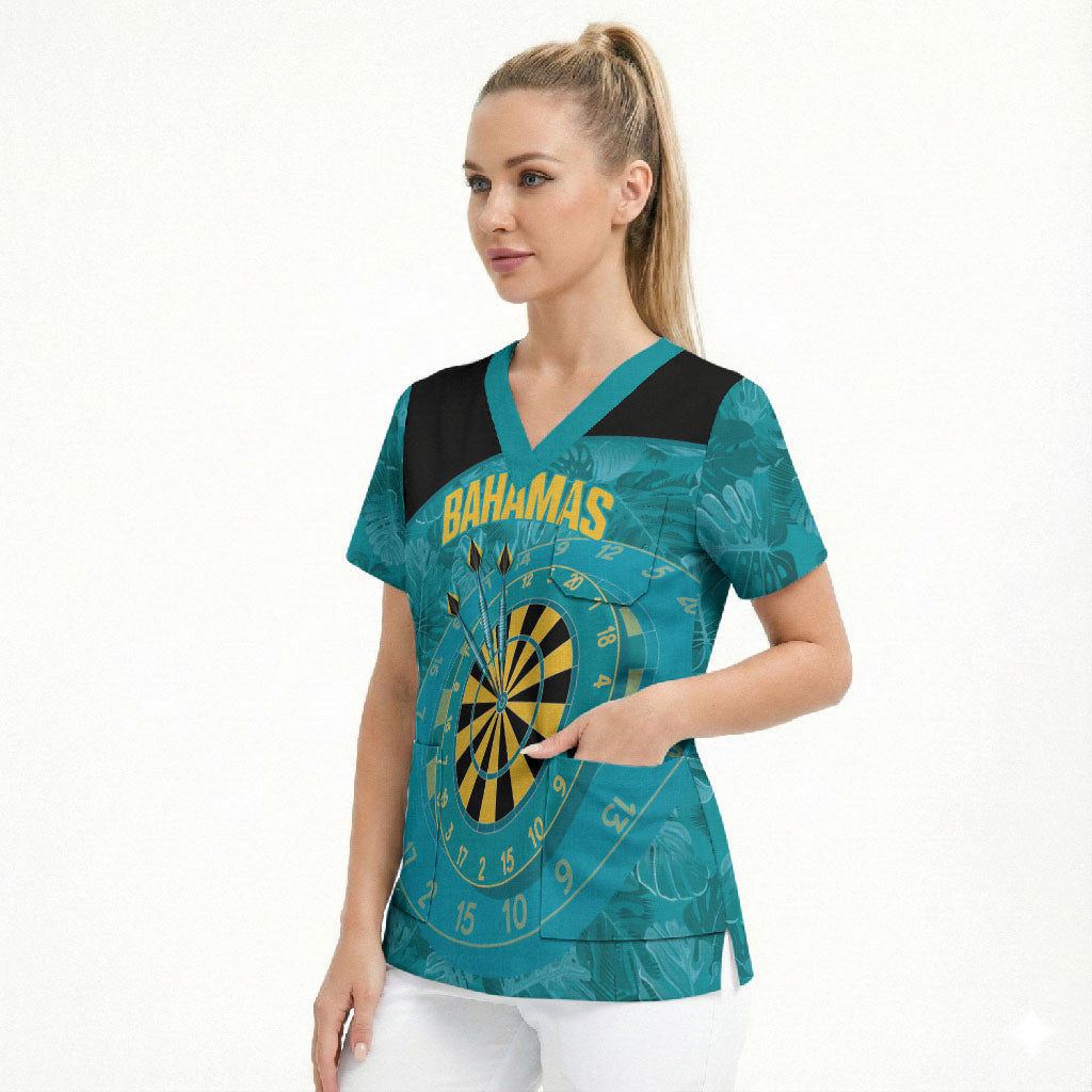 Personalized Darts Bahamas Scrub Top Dartboard Flag Color Tropical Leaves