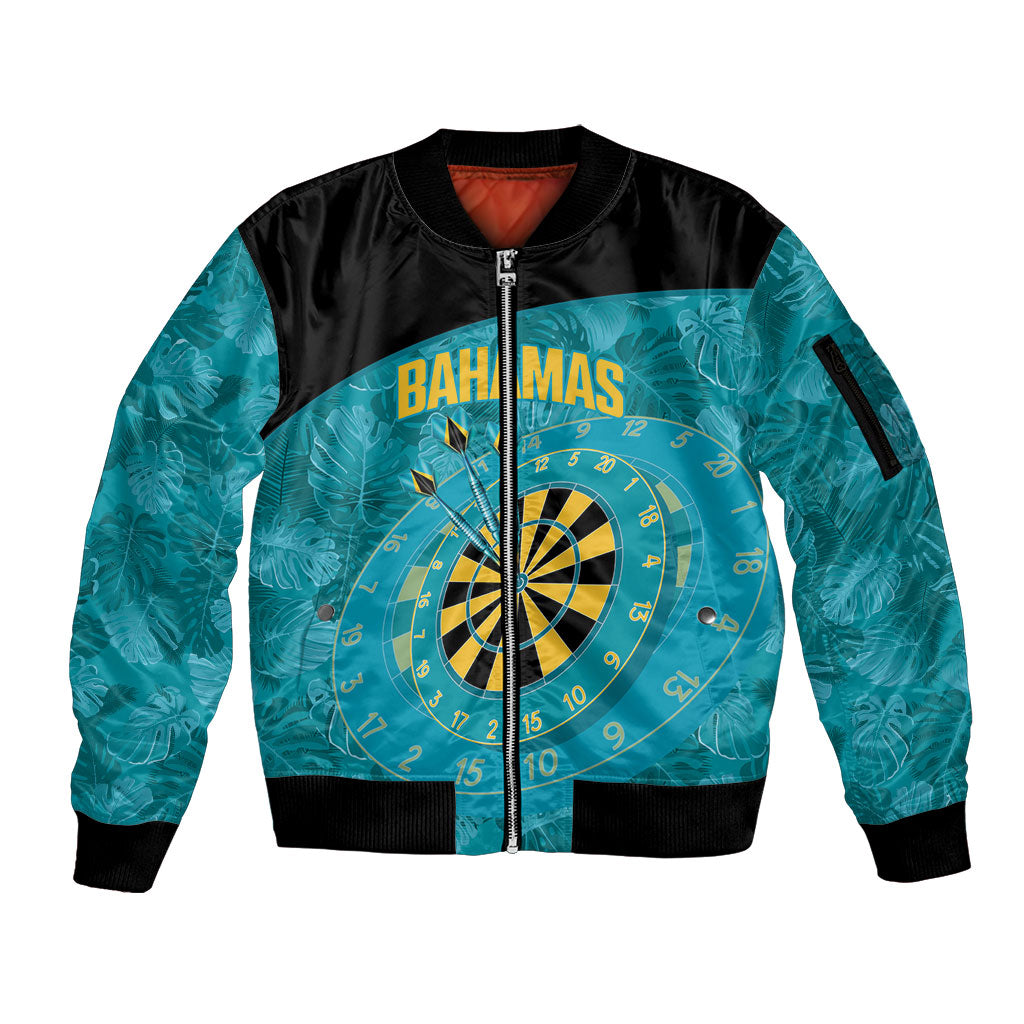 Personalized Darts Bahamas Sleeve Zip Bomber Jacket Dartboard Flag Color Tropical Leaves