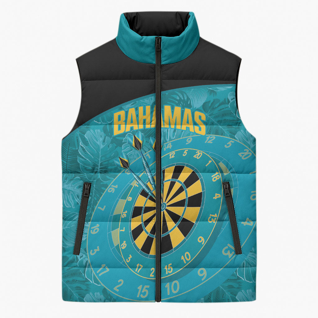 Personalized Darts Bahamas Sleeveless Puffer Jacket Dartboard Flag Color Tropical Leaves
