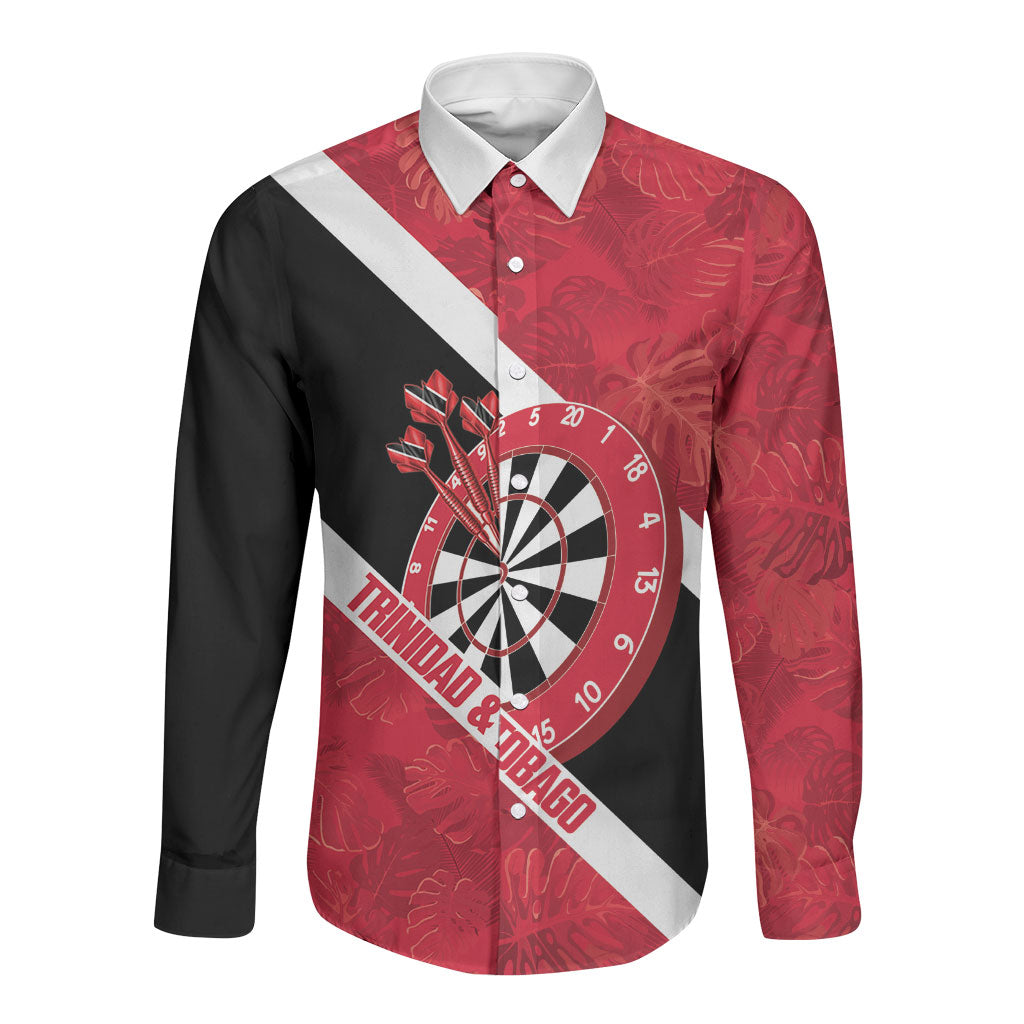 Personalized Darts Trinidad and Tobago Long Sleeve Button Shirt Dartboard Flag Color Tropical Leaves