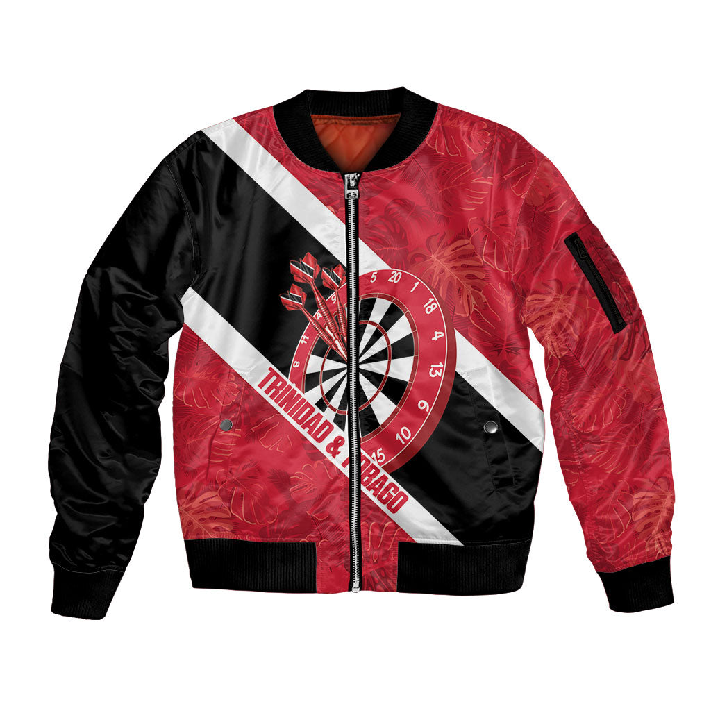 Personalized Darts Trinidad and Tobago Sleeve Zip Bomber Jacket Dartboard Flag Color Tropical Leaves