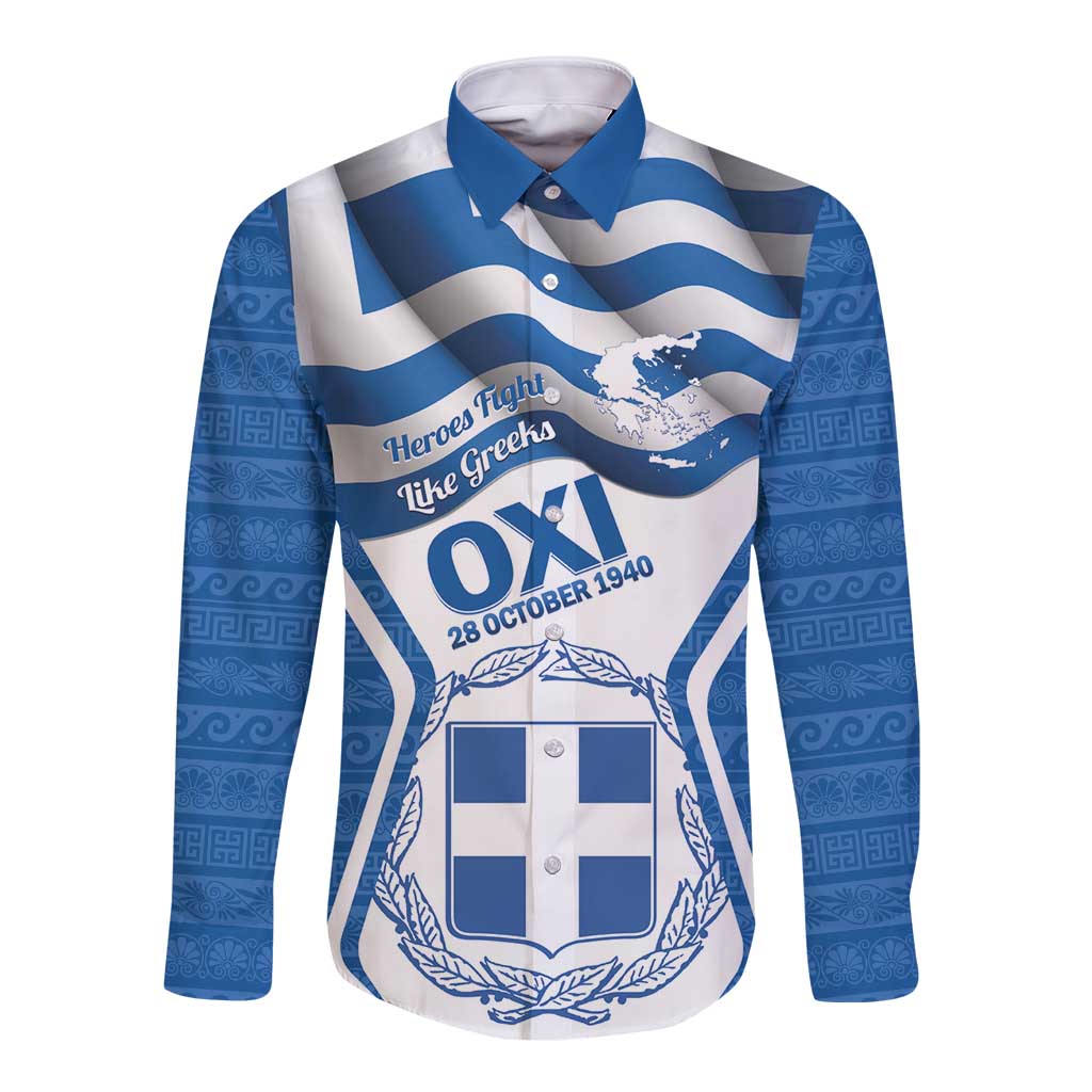 Greece Ohi Day Long Sleeve Button Shirt Hellas Coat Of Arms Greek Pattern - Wonder Print Shop
