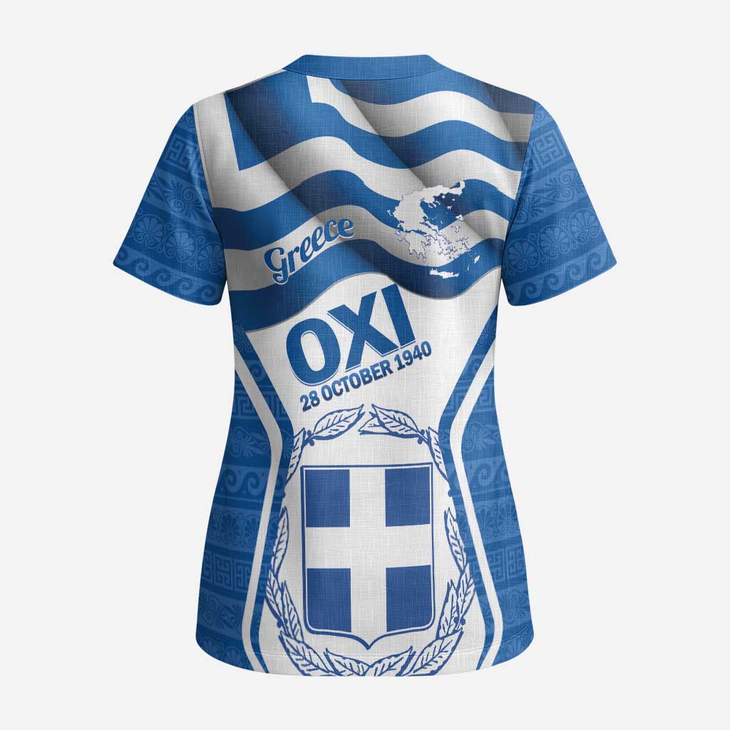 Greece Ohi Day Scrub Top Hellas Coat Of Arms Greek Pattern - Wonder Print Shop