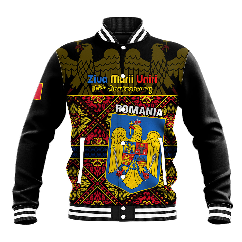 Black baseball jacket with red-yellow embroidered Romania graphic and snap front